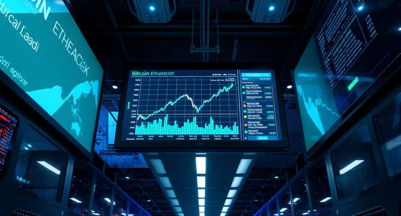 Modern data center monitors displaying Bitcoin and Ethereum price charts
