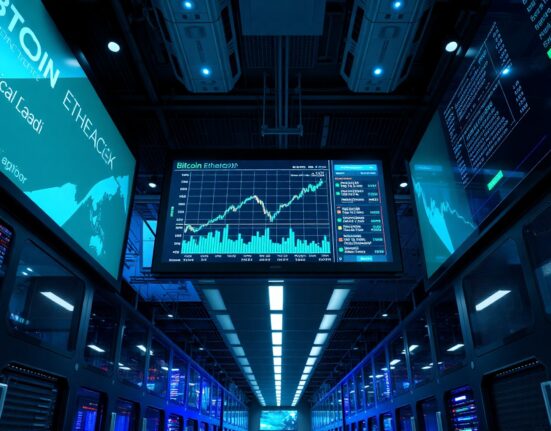 Modern data center monitors displaying Bitcoin and Ethereum price charts
