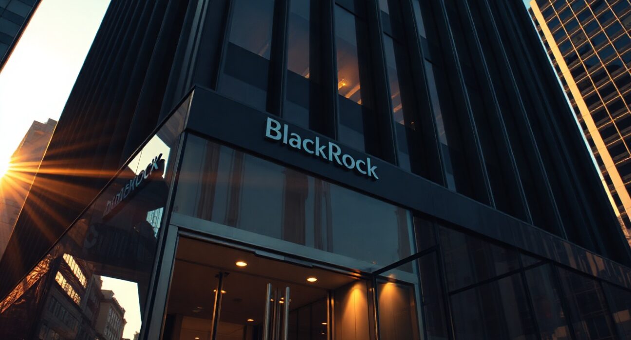 BlackRock office building exterior at golden hour, representing institutional finance and crypto ETF operations.