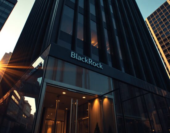 BlackRock office building exterior at golden hour, representing institutional finance and crypto ETF operations.