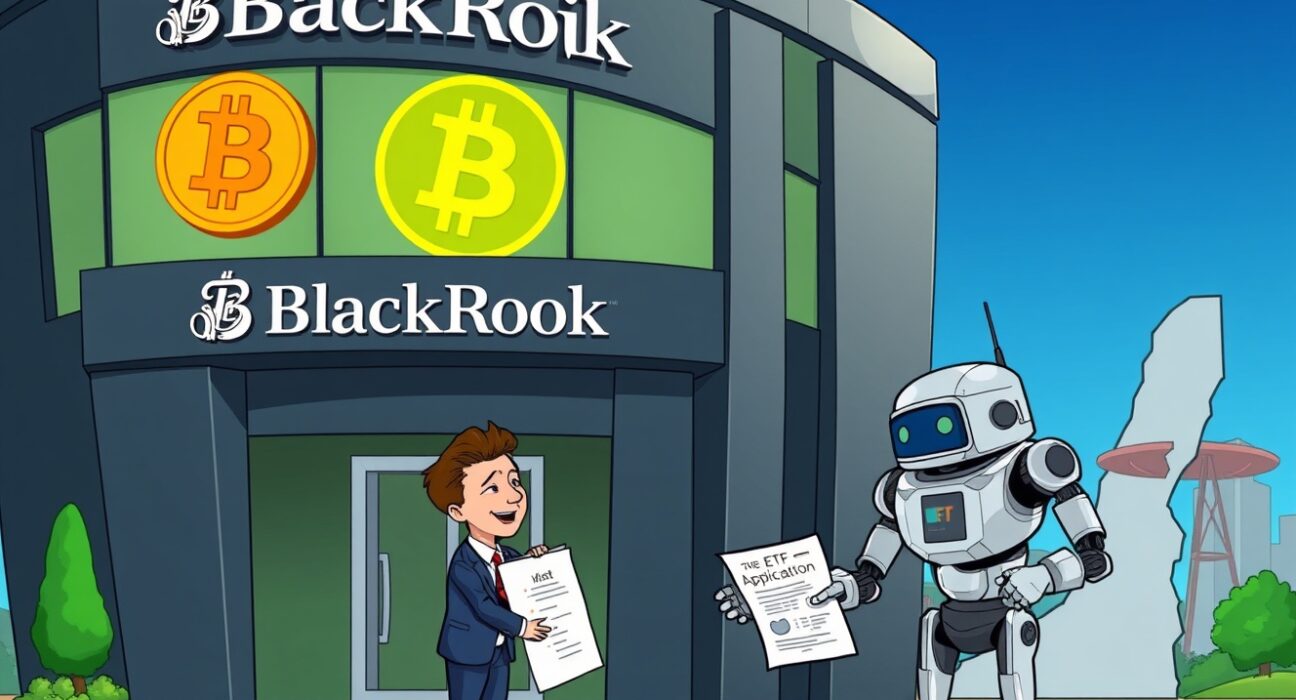 A cartoon illustration showing BlackRock's move to register a BlackRock BTC Premium Income ETF, symbolizing new crypto investment avenues.