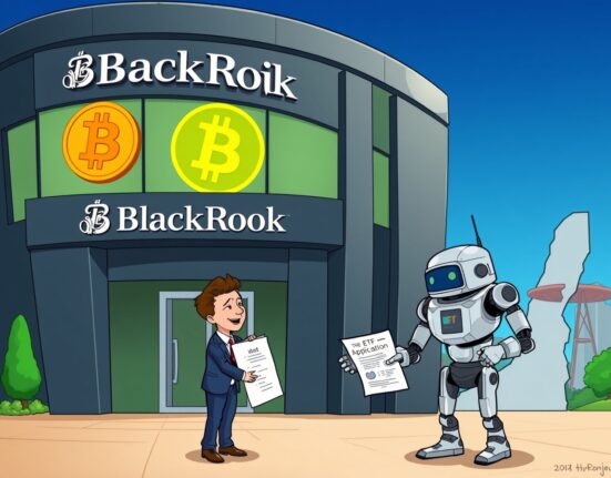 A cartoon illustration showing BlackRock's move to register a BlackRock BTC Premium Income ETF, symbolizing new crypto investment avenues.
