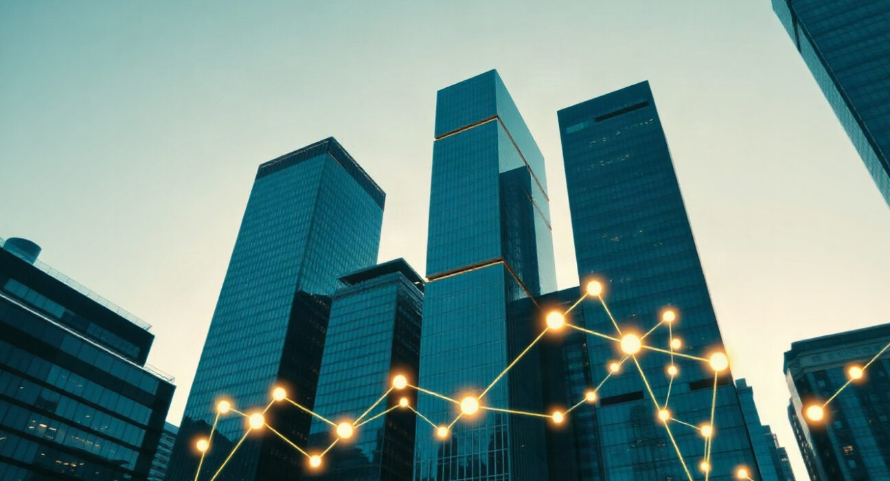 Financial district skyline with digital overlay representing tokenized assets
