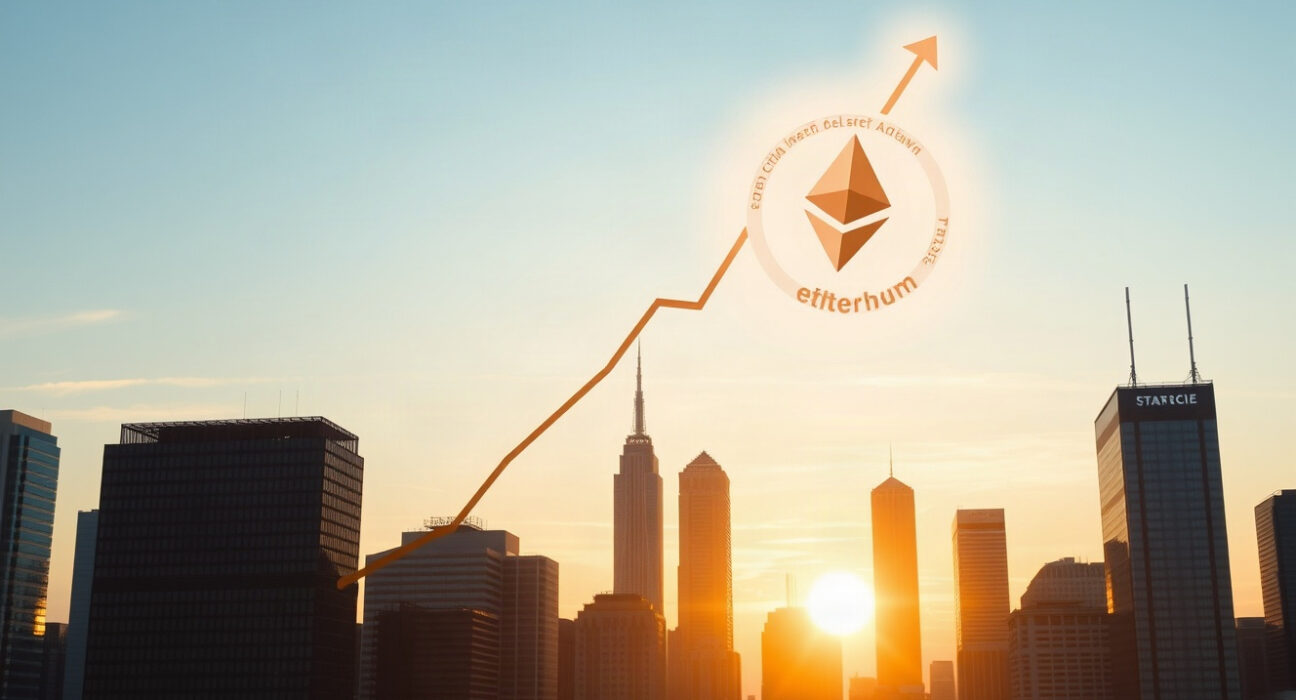 BlackRock's $1.17B crypto purchase: Bitcoin and Ethereum symbols over a financial skyline