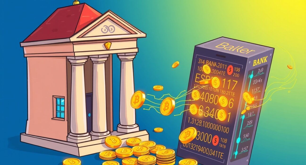 Cartoon illustration showing the powerful value of tokenization as traditional finance merges with digital ledgers.