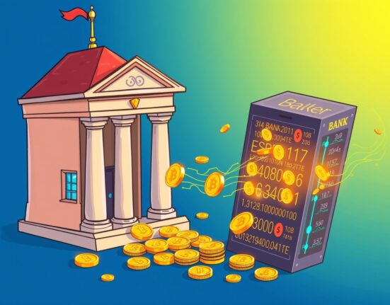 Cartoon illustration showing the powerful value of tokenization as traditional finance merges with digital ledgers.