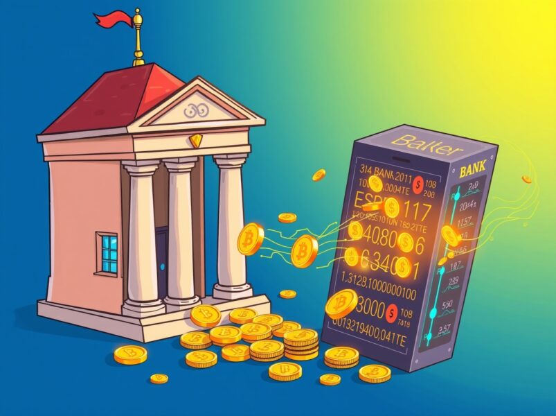 Cartoon illustration showing the powerful value of tokenization as traditional finance merges with digital ledgers.