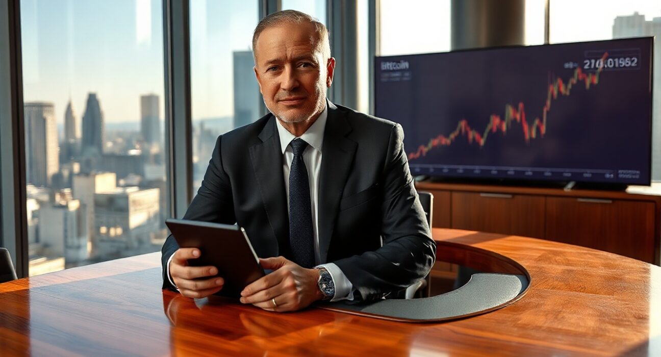 BlackRock CIO Rick Rieder in a modern office with a Bitcoin chart in the background