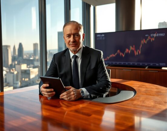 BlackRock CIO Rick Rieder in a modern office with a Bitcoin chart in the background