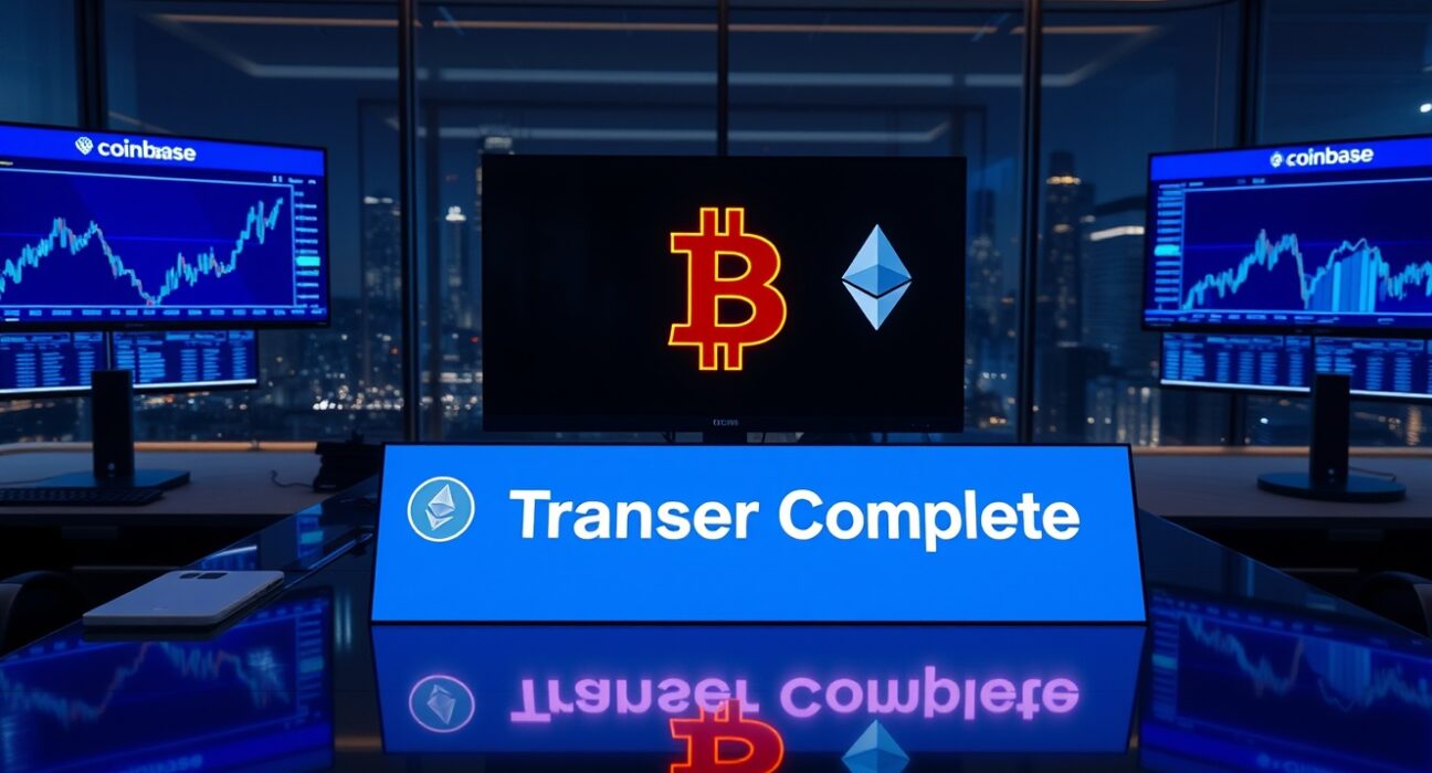 Institutional trading desk with Bitcoin and Ethereum charts showing a large transfer to Coinbase.