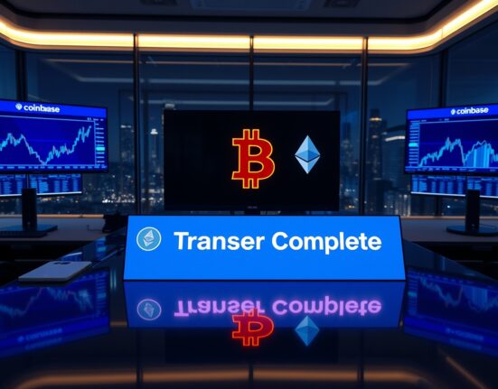 Institutional trading desk with Bitcoin and Ethereum charts showing a large transfer to Coinbase.