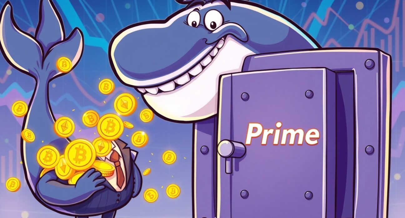 A cartoon of the BlackRock whale making a major Bitcoin and Ethereum deposit to the Coinbase Prime vault.