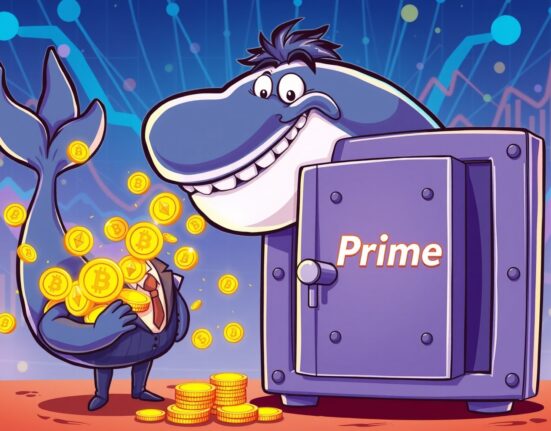 A cartoon of the BlackRock whale making a major Bitcoin and Ethereum deposit to the Coinbase Prime vault.