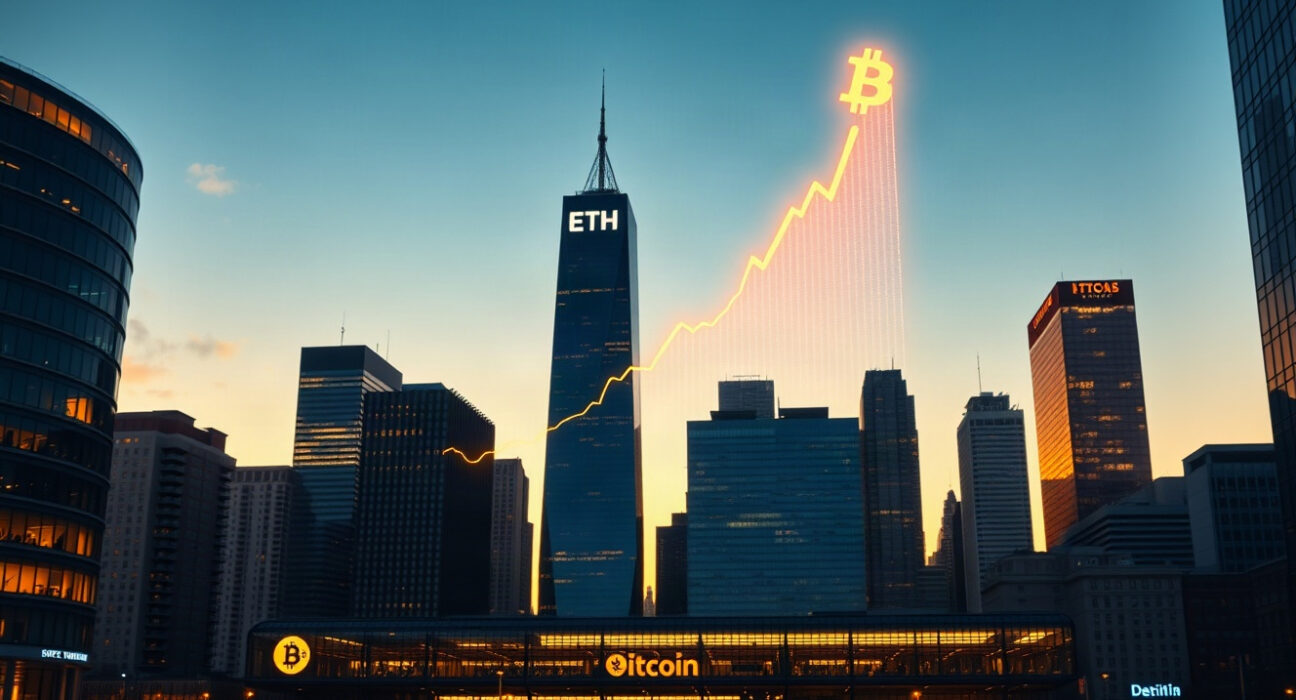 Financial district skyline with digital crypto charts symbolizing BlackRock's portfolio growth
