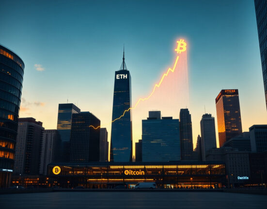 Financial district skyline with digital crypto charts symbolizing BlackRock's portfolio growth