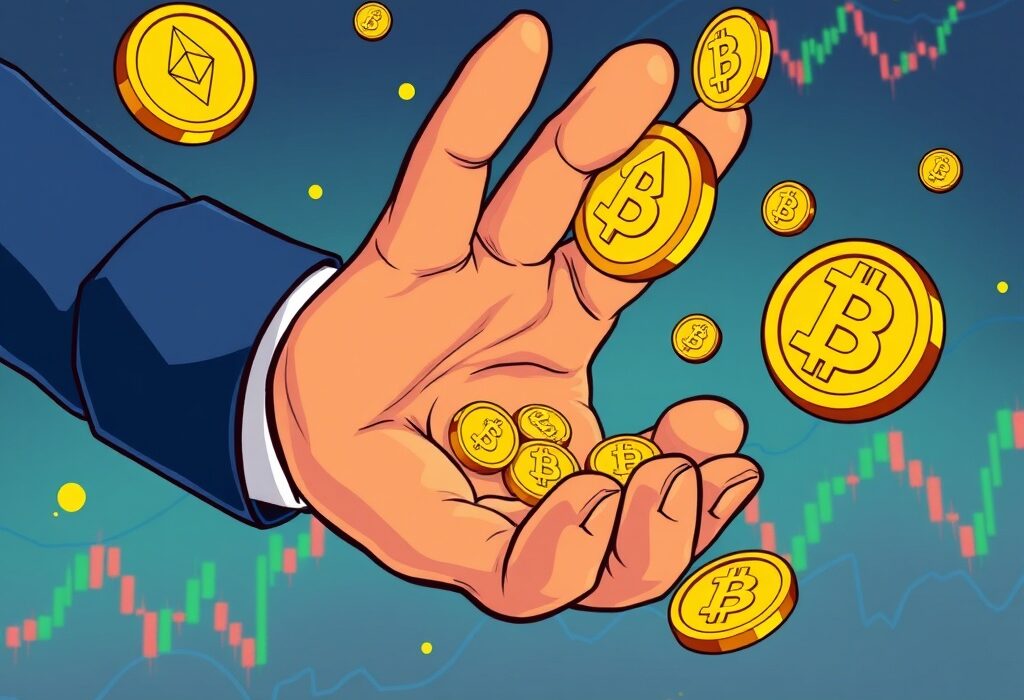 A cartoon illustration depicting the significant impact of BlackRock crypto sales on the digital asset market, with ETH and BTC moving away.