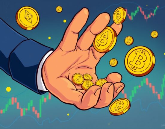 A cartoon illustration depicting the significant impact of BlackRock crypto sales on the digital asset market, with ETH and BTC moving away.