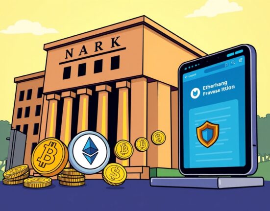 A cartoon illustration depicting a significant BlackRock crypto transfer to Coinbase Prime, hinting at potential market shifts.