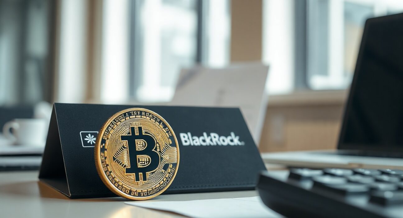 Bitcoin coin and financial documents on a desk in a modern office, symbolizing BlackRock's IBIT in-kind conversion update.