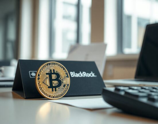 Bitcoin coin and financial documents on a desk in a modern office, symbolizing BlackRock's IBIT in-kind conversion update.