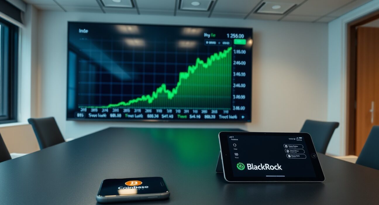 Digital display showing Bitcoin price chart with smartphone and tablet on desk