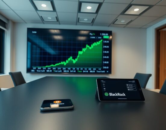 Digital display showing Bitcoin price chart with smartphone and tablet on desk