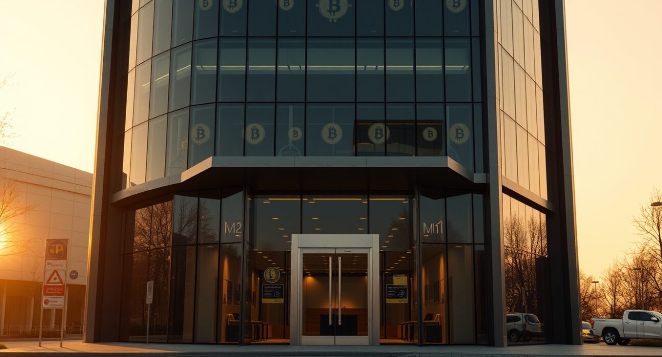 Modern financial building with subtle digital currency symbols reflecting institutional crypto investment
