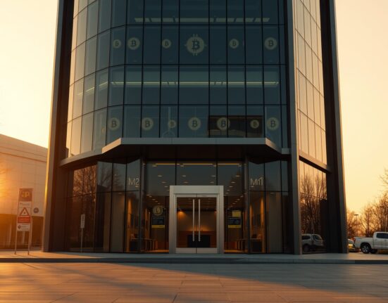 Modern financial building with subtle digital currency symbols reflecting institutional crypto investment