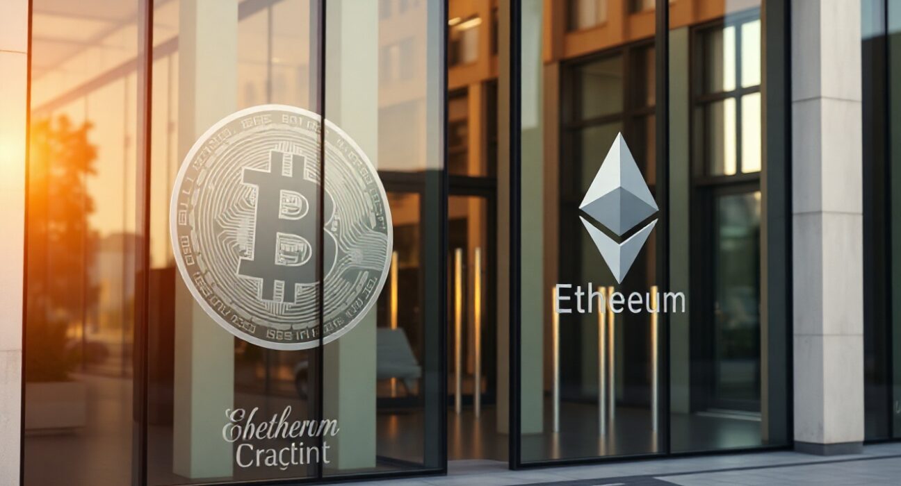 Modern financial building facade with subtle Bitcoin and Ethereum symbols on glass