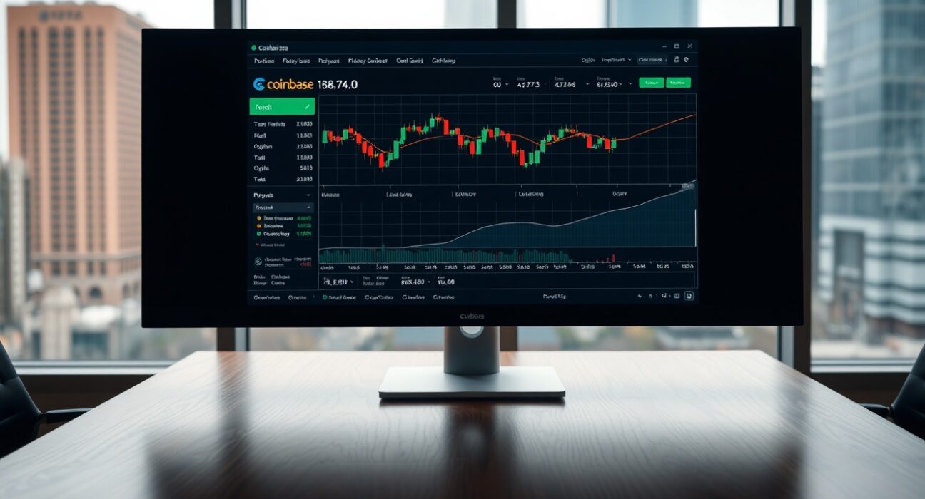 Financial desk with computer monitor showing a Coinbase trading interface in a professional office setting.