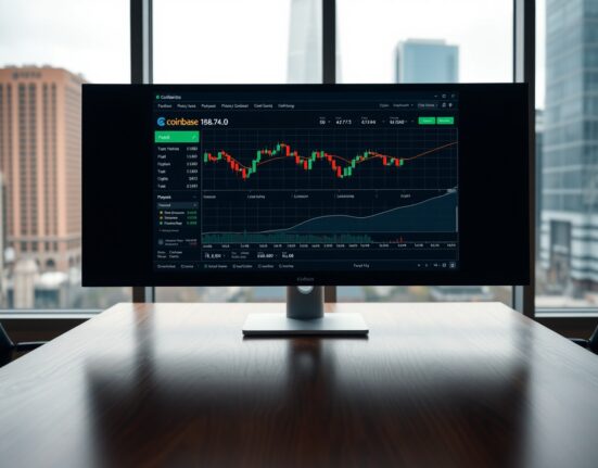 Financial desk with computer monitor showing a Coinbase trading interface in a professional office setting.
