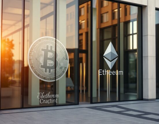 Modern financial building facade with subtle Bitcoin and Ethereum symbols on glass