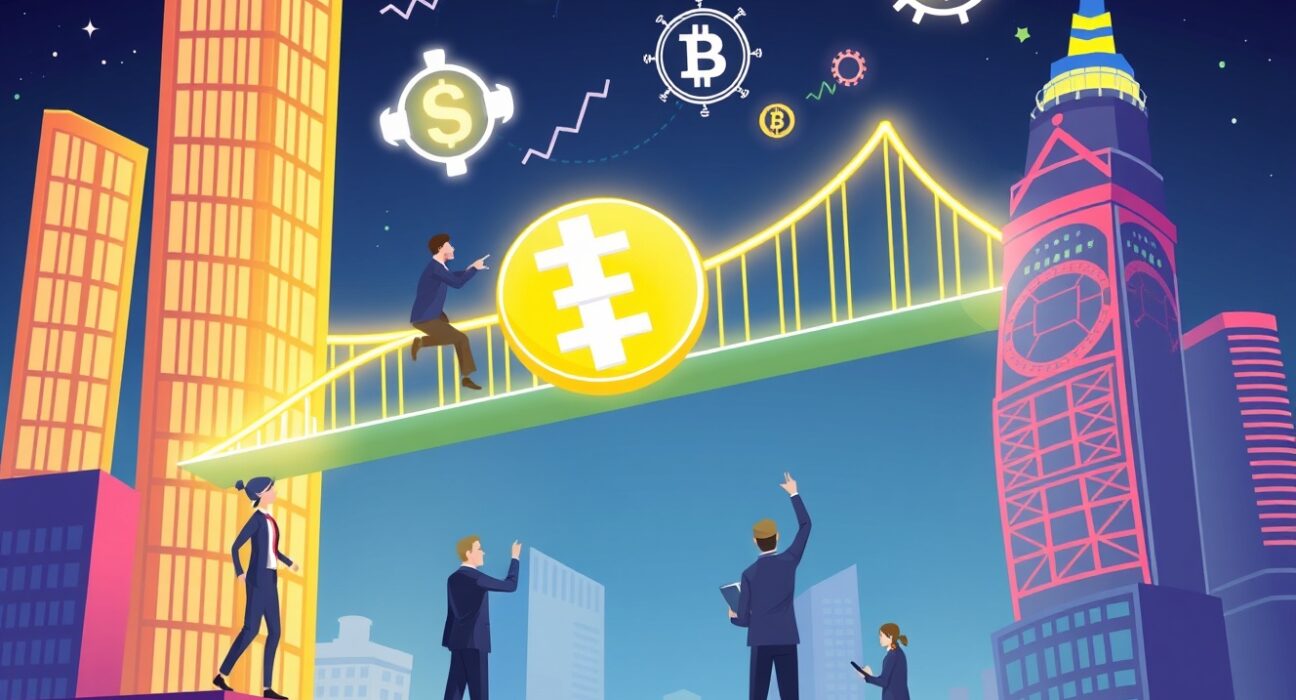 Strategic cartoon of BlackRock's digital asset expansion building a global crypto bridge.