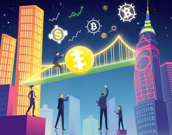 Strategic cartoon of BlackRock's digital asset expansion building a global crypto bridge.