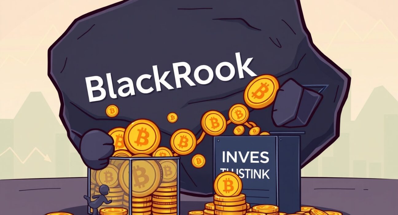 A powerful black rock figure pushing a massive stream of golden coins, symbolizing BlackRock's significant influence on spot Bitcoin ETF flows.