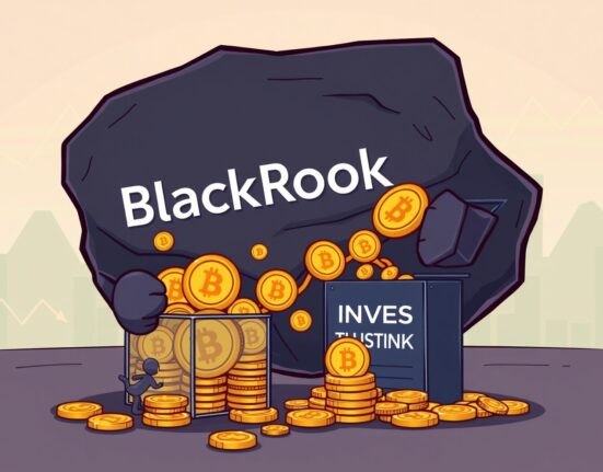 A powerful black rock figure pushing a massive stream of golden coins, symbolizing BlackRock's significant influence on spot Bitcoin ETF flows.