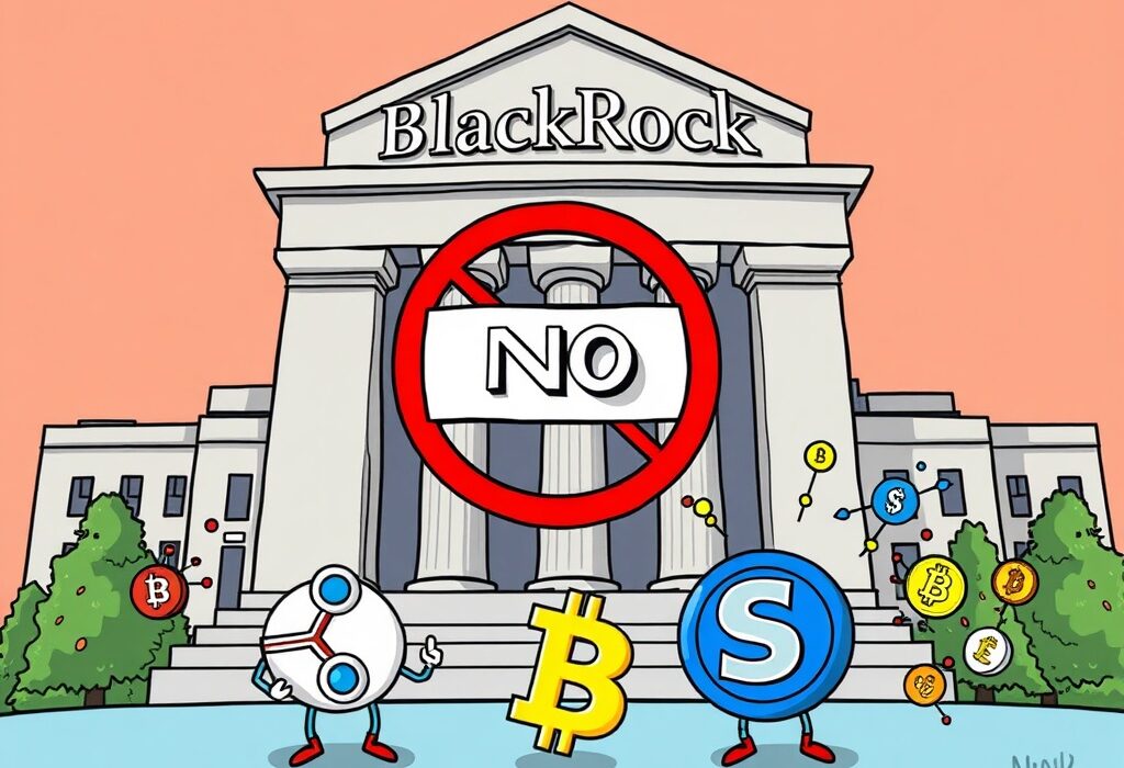 A cartoon illustration depicting BlackRock's decision not to launch an XRP or SOL BlackRock ETF, impacting digital asset plans.