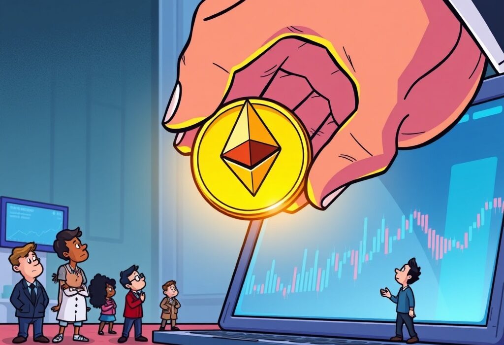 Cartoon illustration of a significant BlackRock ETH deposit to an exchange, signaling institutional crypto movement.