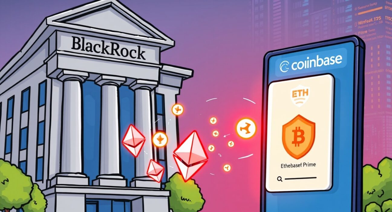 A cartoon illustration showing BlackRock's significant BlackRock ETH deposit moving to Coinbase Prime, symbolizing institutional crypto activity.