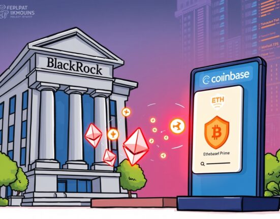 A cartoon illustration showing BlackRock's significant BlackRock ETH deposit moving to Coinbase Prime, symbolizing institutional crypto activity.