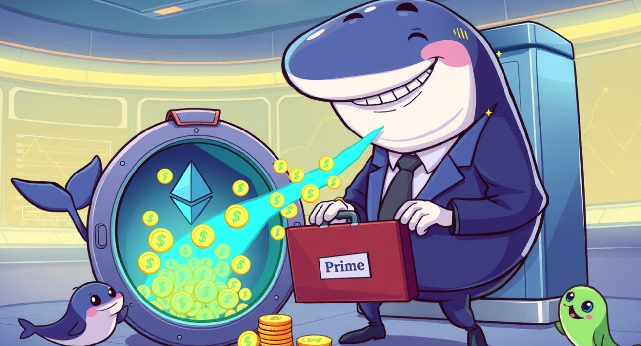 A cartoon of the BlackRock ETH deposit as a confident whale investing Ethereum into a secure vault.