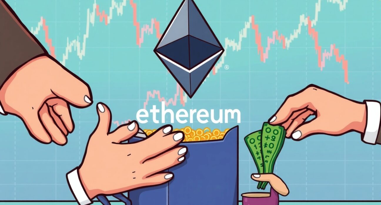 Cartoon depicting large institutions withdrawing funds, signifying spot ETH ETF outflows, while smaller funds see deposits, reflecting market shifts.