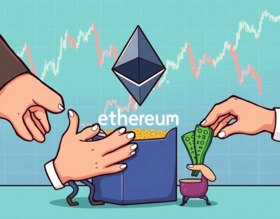 Cartoon depicting large institutions withdrawing funds, signifying spot ETH ETF outflows, while smaller funds see deposits, reflecting market shifts.