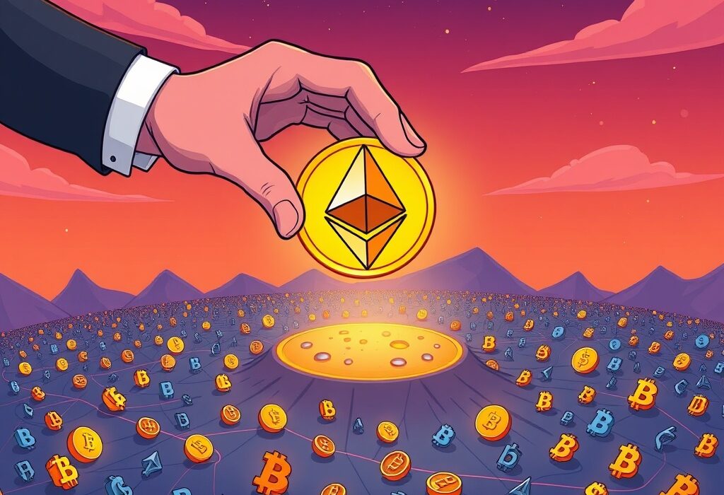 BlackRock's monumental ETH acquisition, showing a large hand placing an Ethereum coin, symbolizing significant institutional investment in the crypto market.