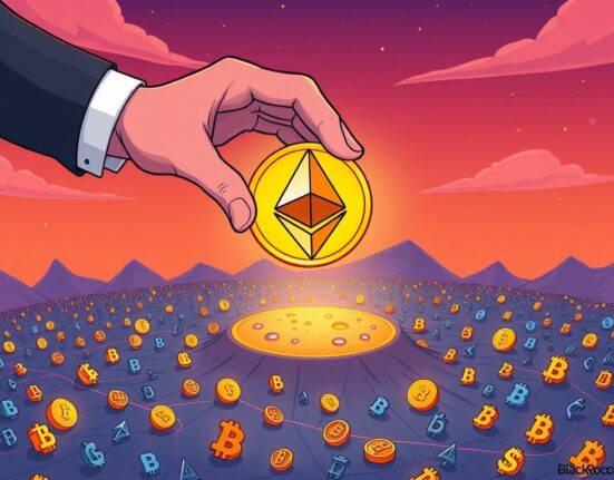 BlackRock's monumental ETH acquisition, showing a large hand placing an Ethereum coin, symbolizing significant institutional investment in the crypto market.