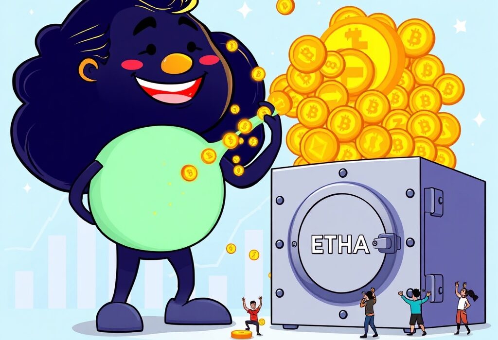 Cartoon illustration depicting the record-breaking BlackRock ETHA inflow, symbolizing massive institutional crypto ETF investment into Ethereum.