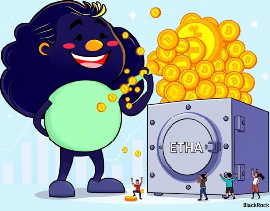 Cartoon illustration depicting the record-breaking BlackRock ETHA inflow, symbolizing massive institutional crypto ETF investment into Ethereum.