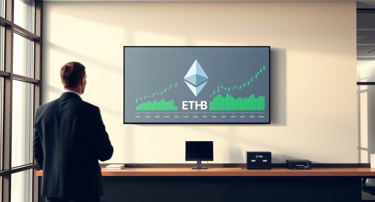 Professional trading floor display showing the launch of BlackRock's ETHB Ethereum staking ETF.