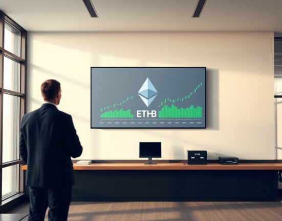 Professional trading floor display showing the launch of BlackRock's ETHB Ethereum staking ETF.