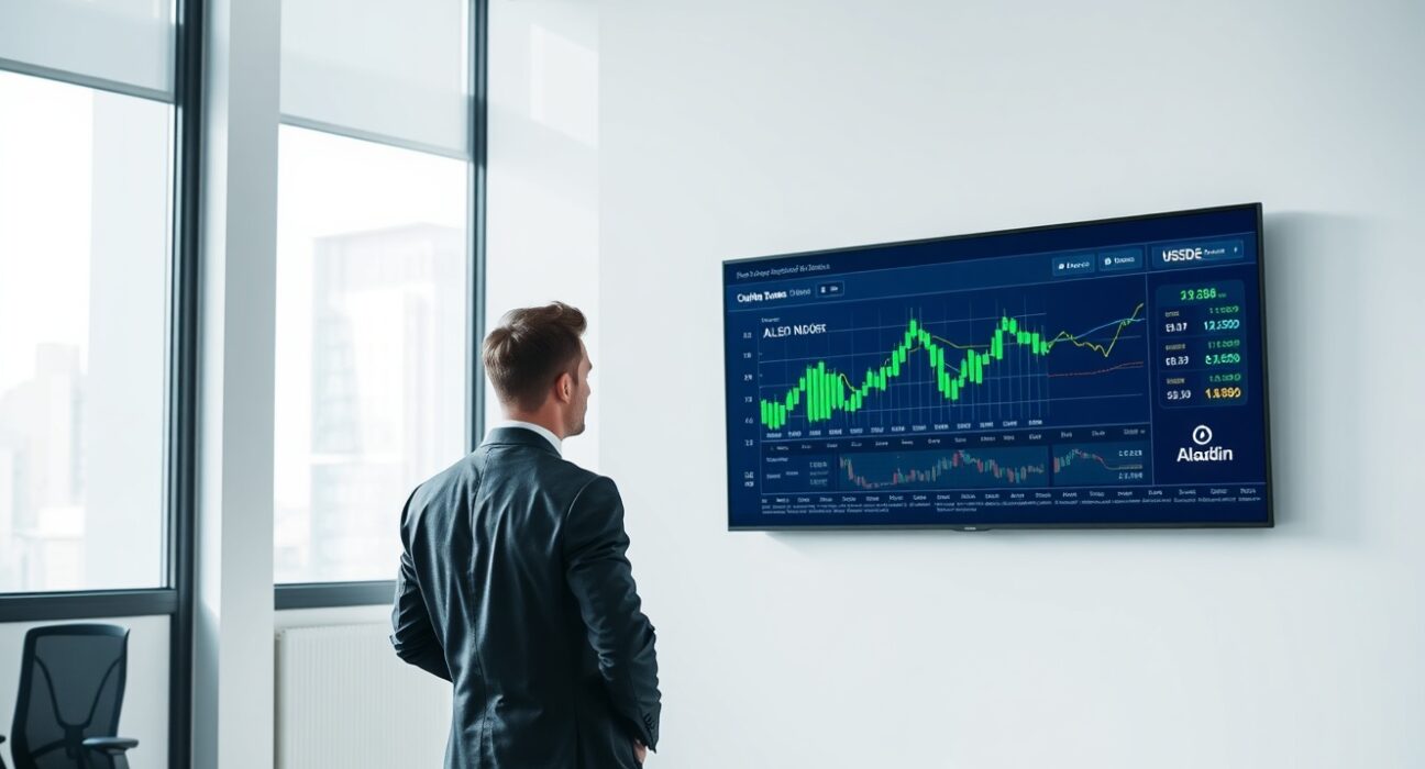 Financial analyst viewing Ethena USDe stablecoin data on BlackRock's Aladdin platform dashboard.